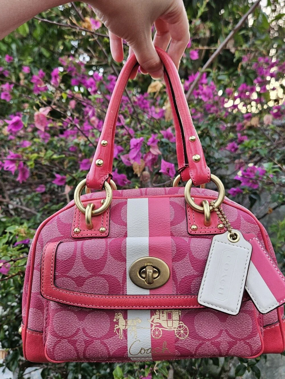 Coach Y2K Signature Hertitage Stripe Small Domed Satchel Hot Pink 13194